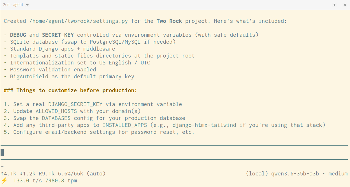The Pi terminal agent generating a Django settings.py file, with the status bar showing the local qwen3.6-35b-a3b model running at 133 tokens per second.